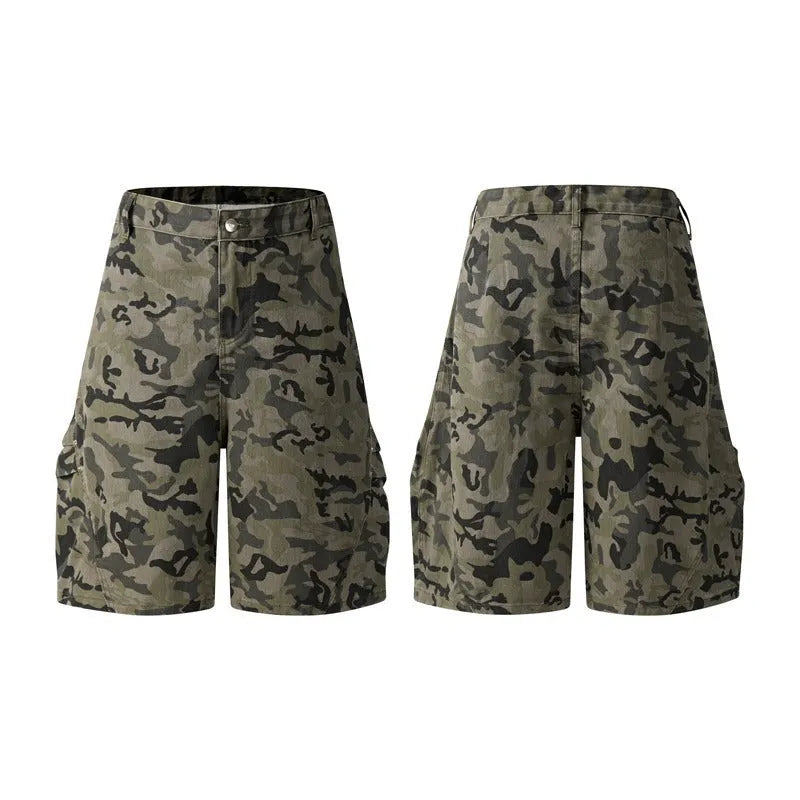 Retro-style loose-fit washed cotton shorts for men and women with a half elastic waistband.