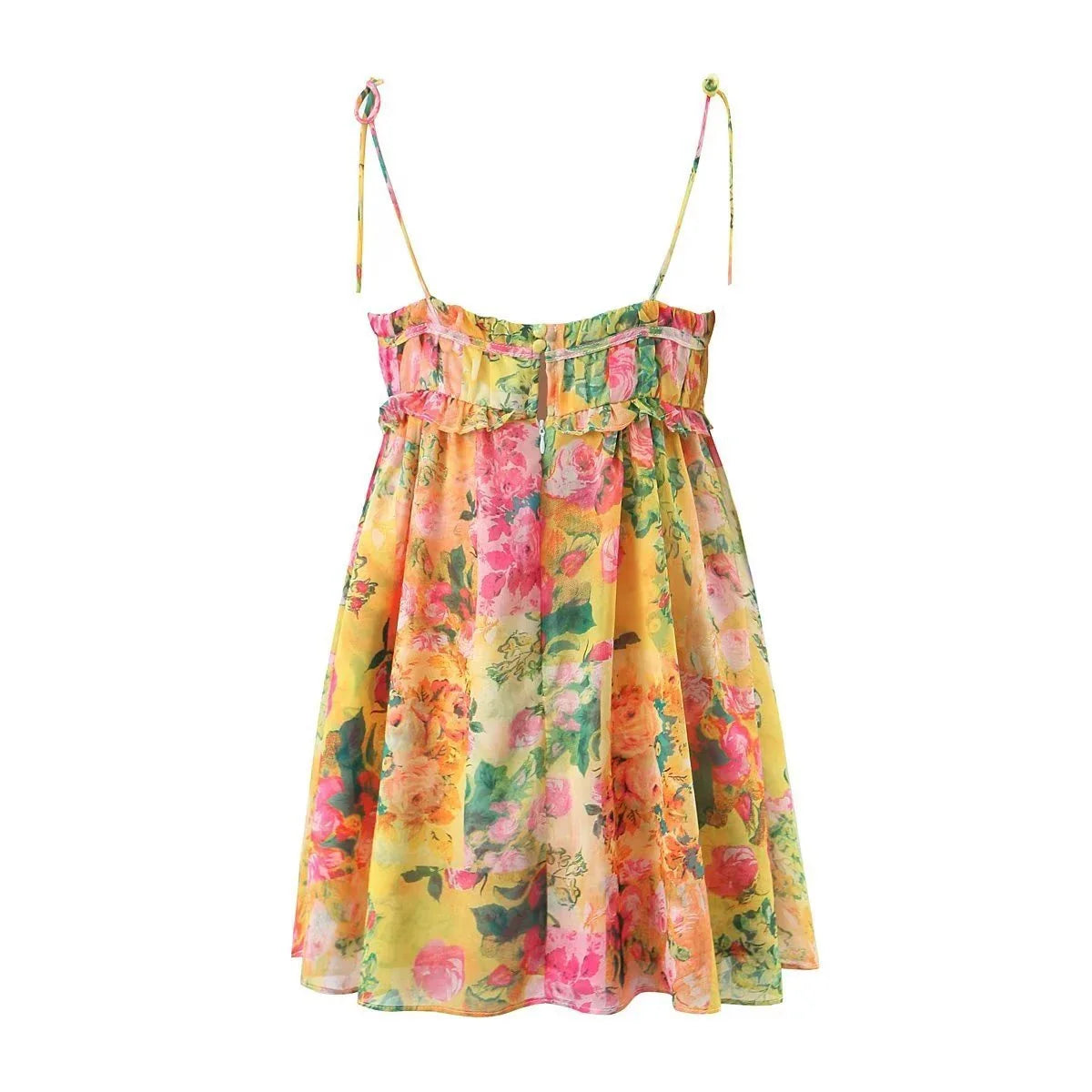 Elegant floral suspender dress with ruffled design, perfect for summer fashion