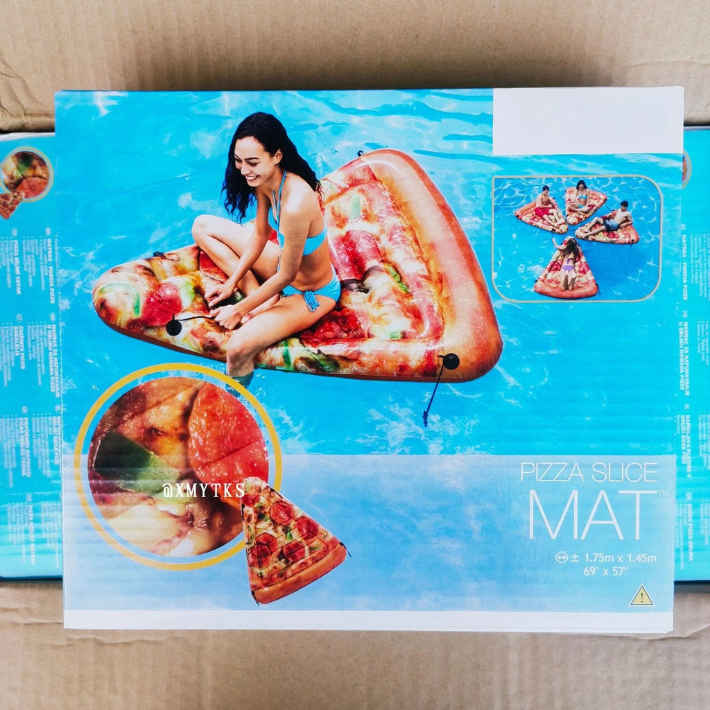 Pizza-themed inflatable surfboard float measuring 175cm by 145cm for pool and beach water recreation