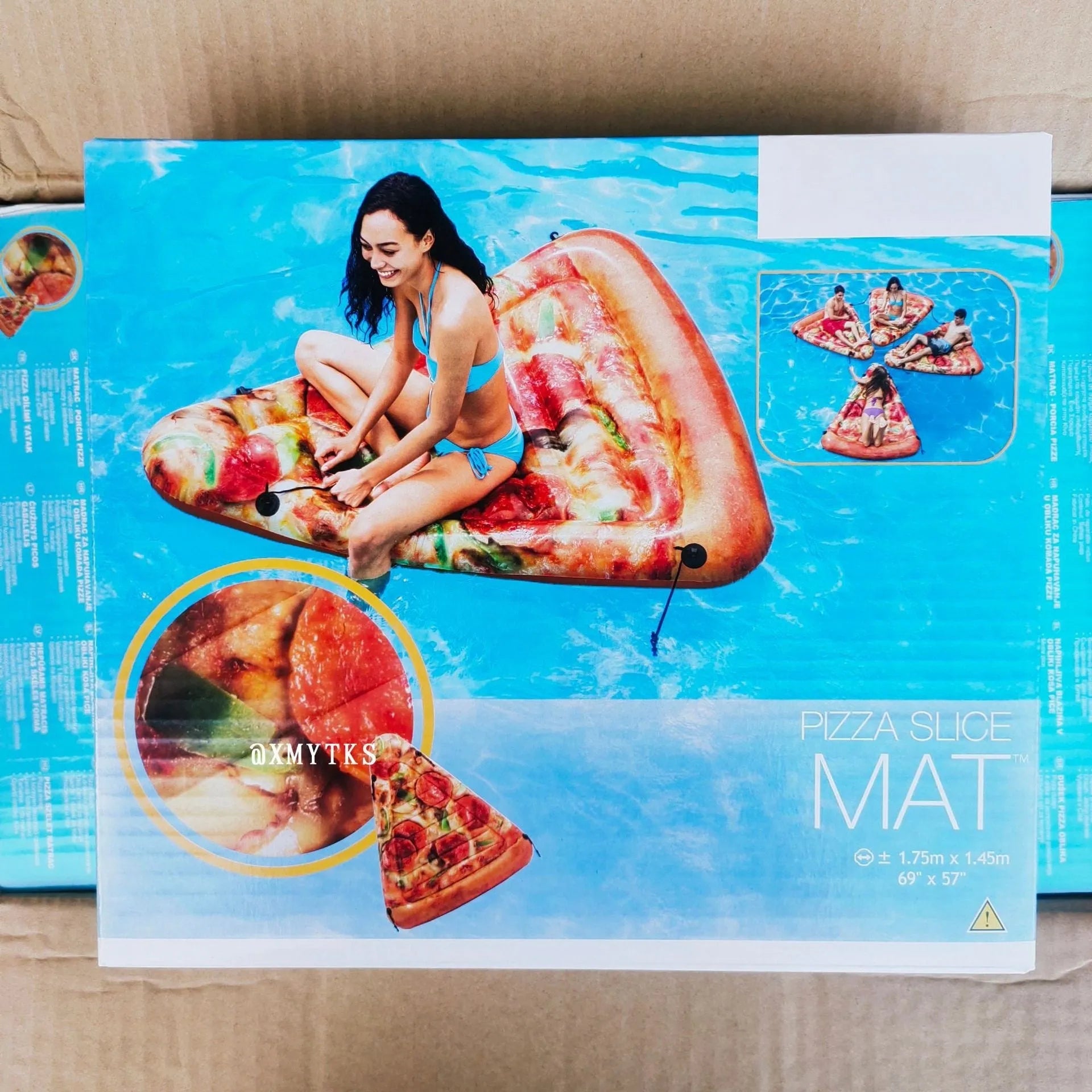 Pizza-themed inflatable surfboard float measuring 175cm by 145cm for pool and beach water recreation