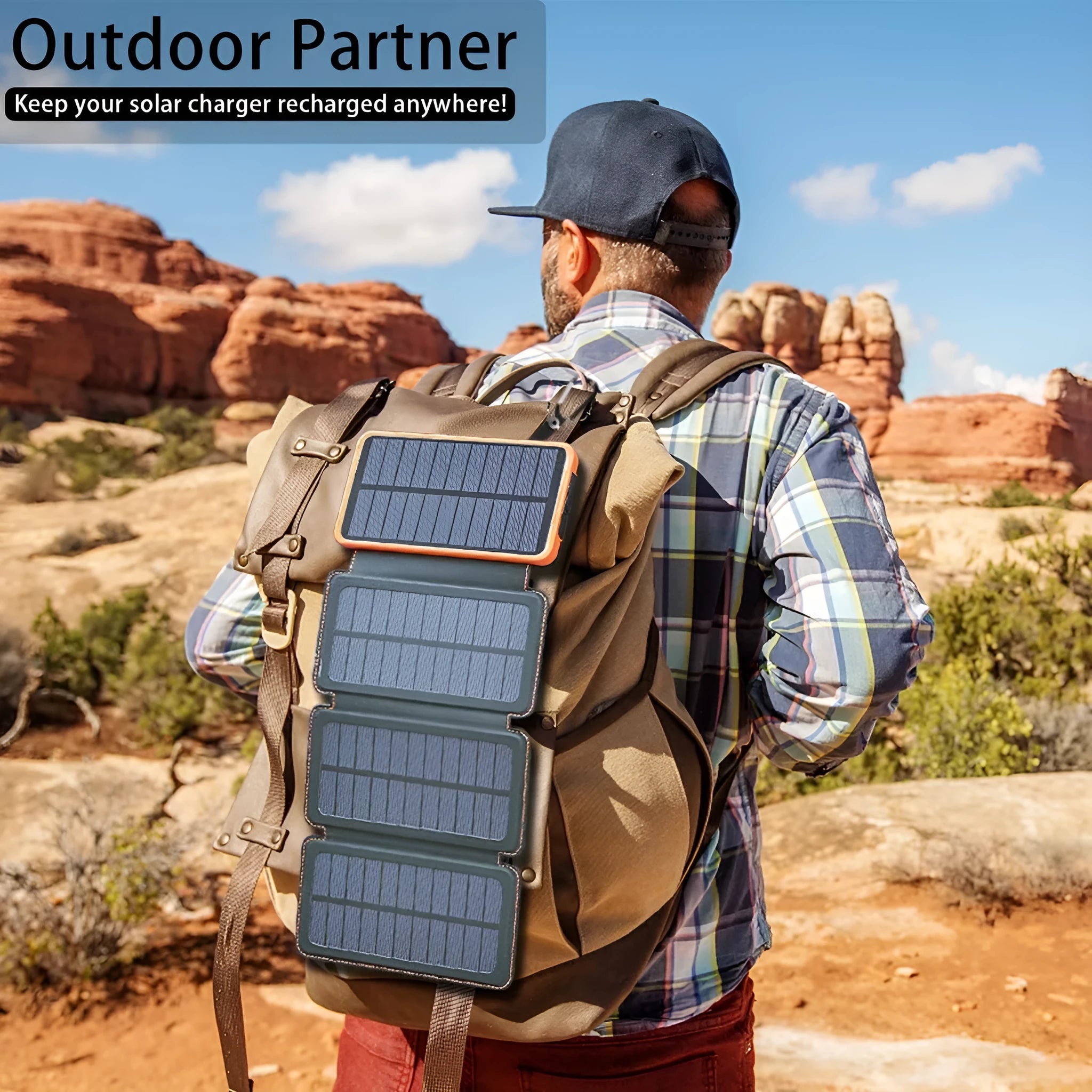 Outdoor solar power bank with waterproof black casing, solar panel, LED light, and USB ports