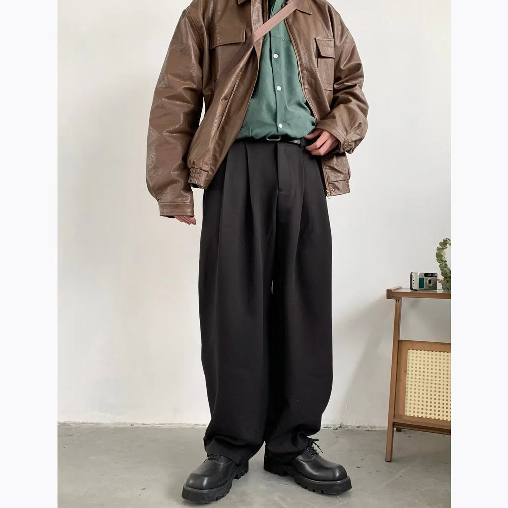Japanese retro wide-leg drape suit pants for men in loose fit, black colour, synthetic fibre blend