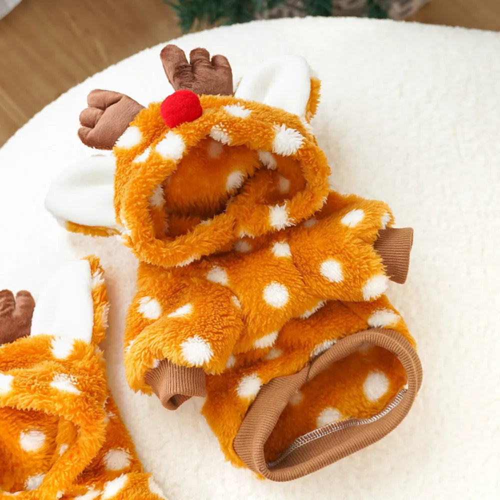 Elk reindeer costume for dog or cat with fleece lining, showing two-leg design and festive appearance