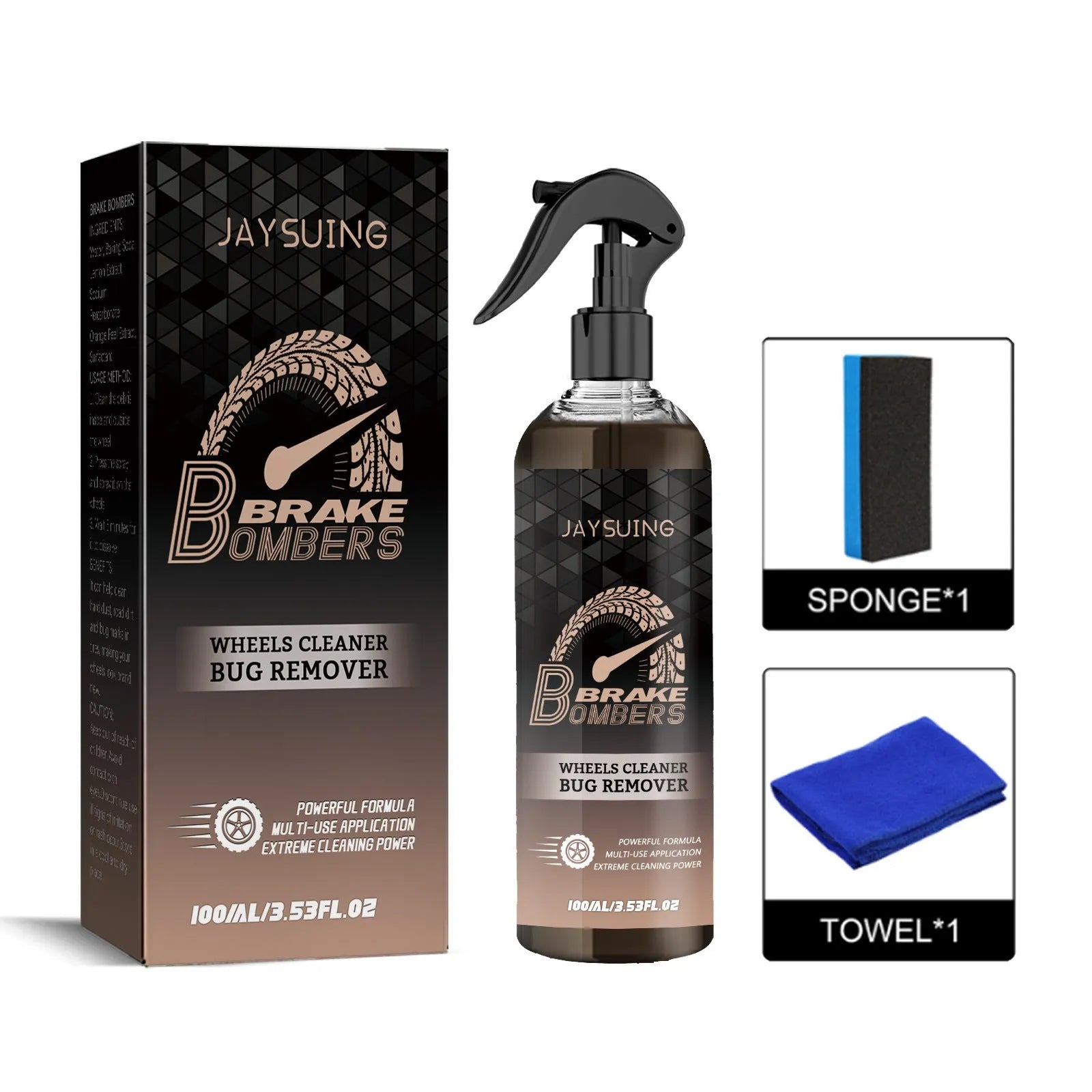 Brake cleanser kit with 100ml bottle, sponge applicator, and cleaning cloth for automotive maintenance