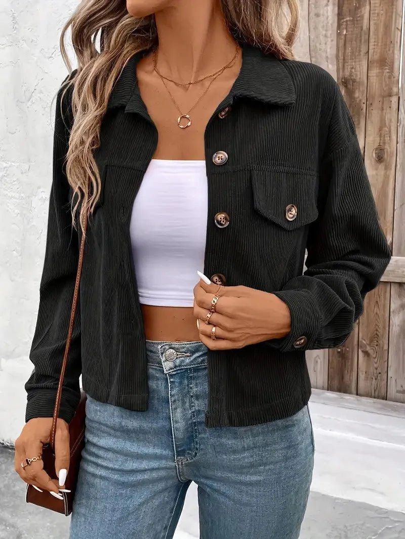 Women's retro artistic shirt coat jacket in medium thickness polyester fabric showing button-front design