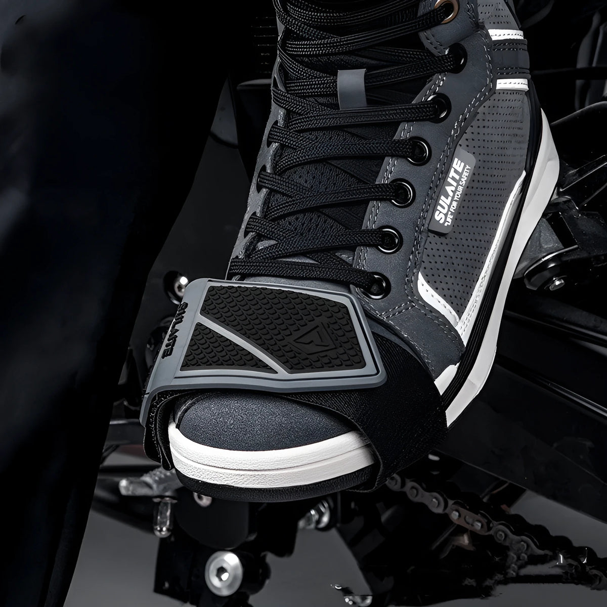 Motorcycle gear cover in grey or brown, non-slip rubber widened shoe protector for gear shift lever.