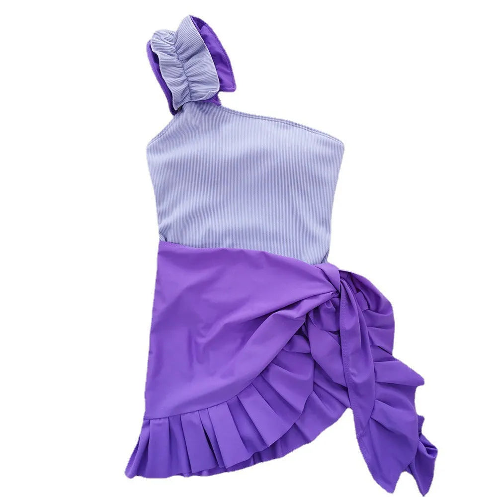 Women's single-shoulder high-waist one-piece swimsuit in solid colour