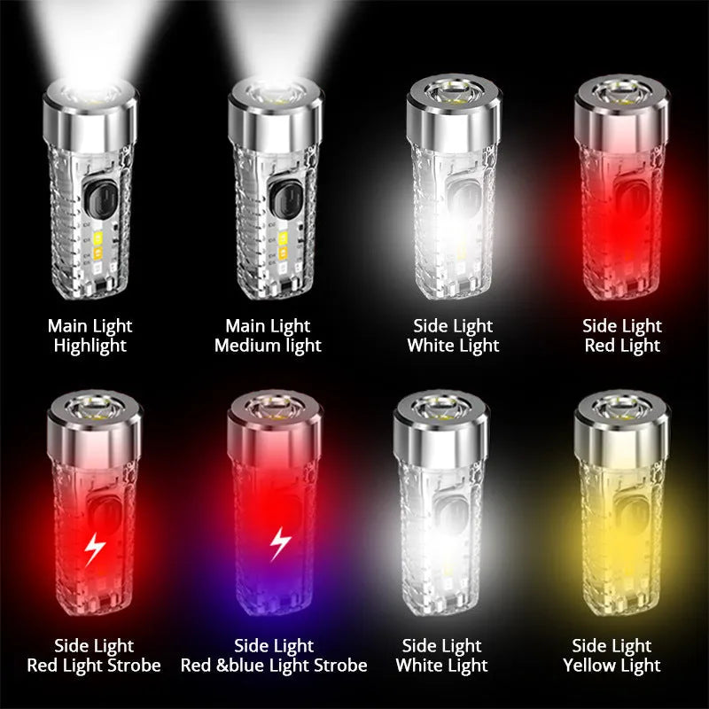 USB keychain light in ultra-thin ABS with keychain fitting, shown in red, blue, green, or transparent for night lighting and camping