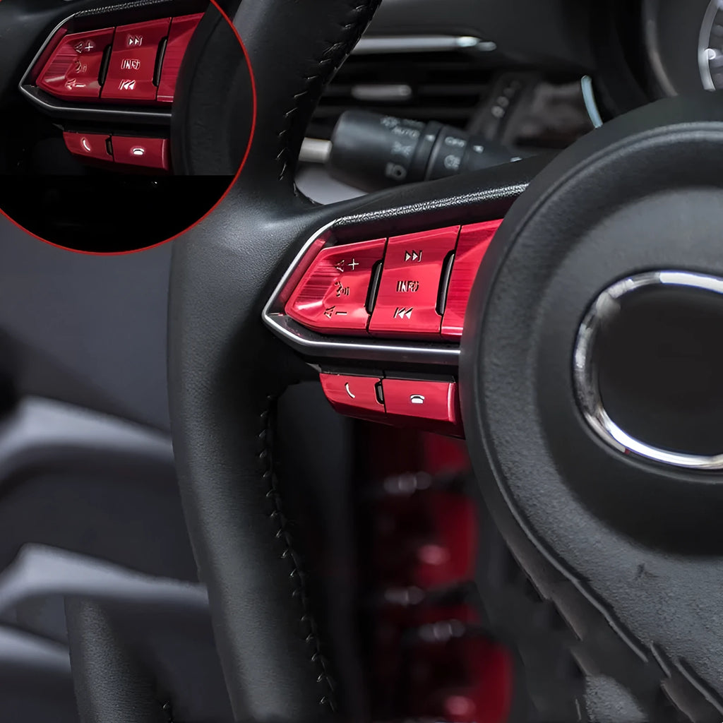 Aluminium alloy decorative steering wheel stickers with transparent button covers in brushed red, silver, and blue colours