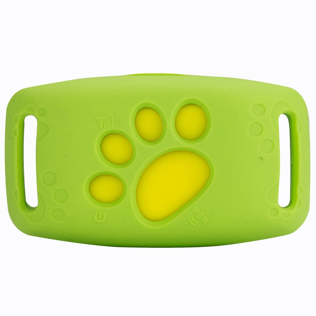 Waterproof GPS pet tracker device in multiple colours showing compact size