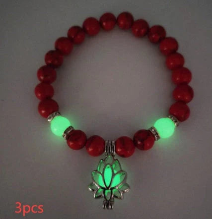 Luminous lotus charm bracelet with mesmerizing glow-in-the-dark beads, made of premium alloy and turquoise fluorescent stone