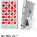 Red light therapy lamp on desktop stand with support frame, red housing and white finish option