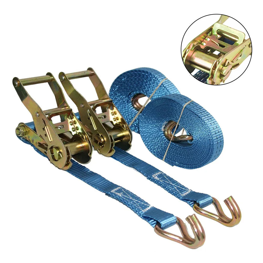 Steel ratchet tensioner tool with a black polyester strap and double metal hooks for securing cargo.
