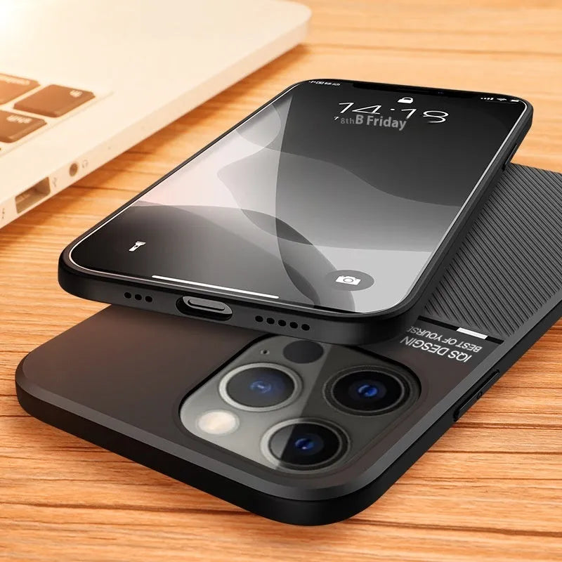 Textured magnetic silicone phone case for Apple iPhone 14 in black with leather-style finish