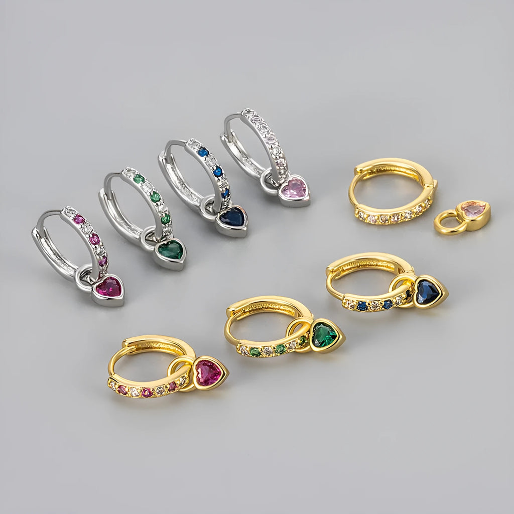 Women's heart-shaped clip earrings with coloured stones in gold or white gold colour settings