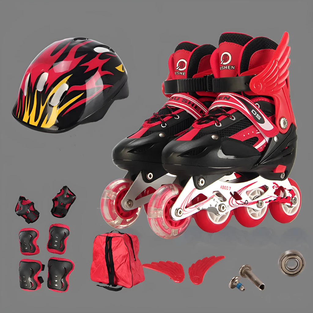 Children's adjustable PU inline skates in yellow with aluminium frame, helmet, protective pads, and backpack.