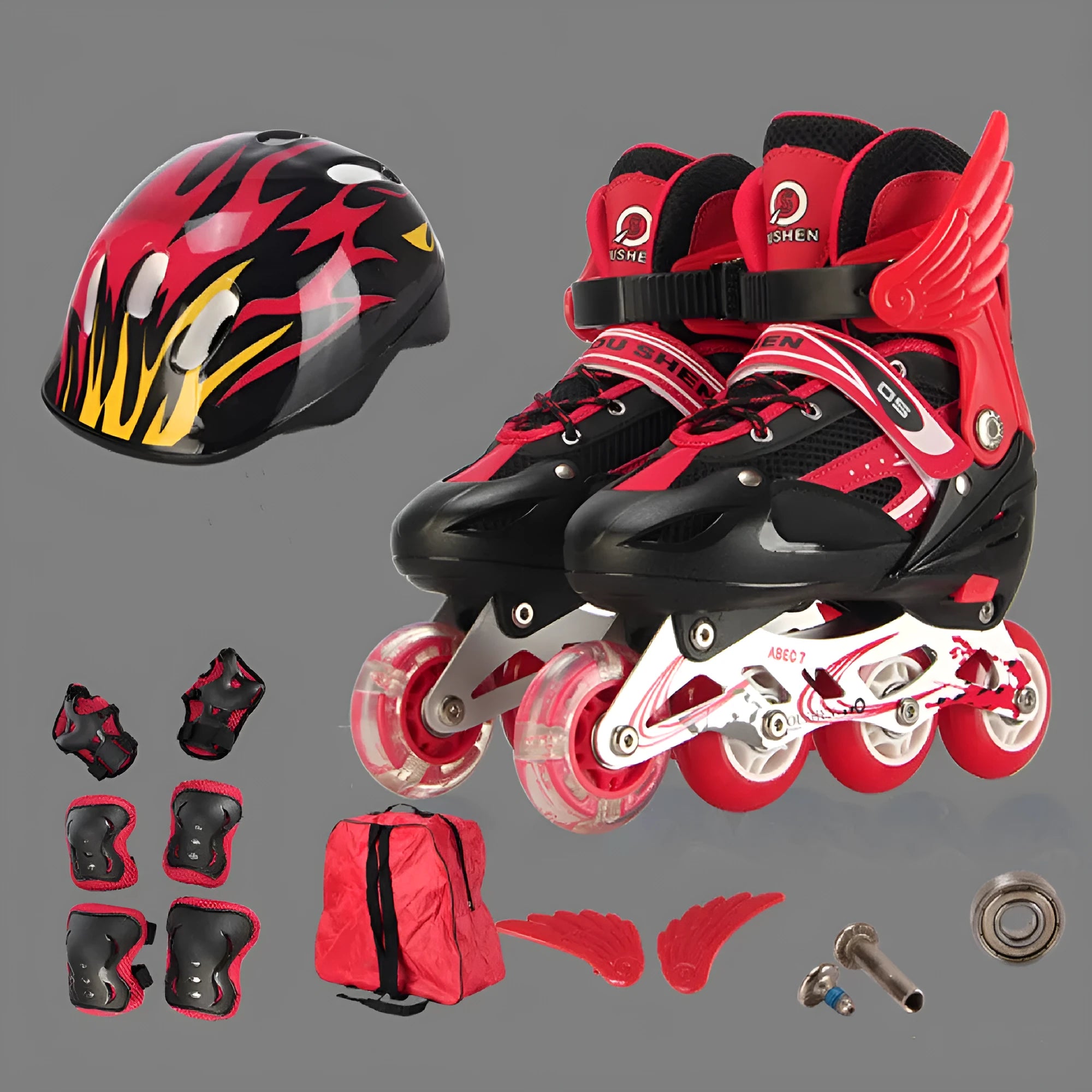 Children's adjustable PU inline skates in yellow with aluminium frame, helmet, protective pads, and backpack.