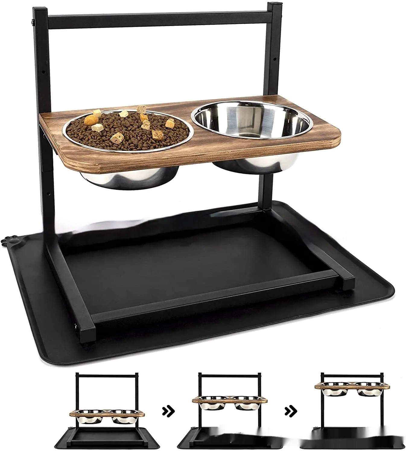 Large black metal dog bowl holder on floor for medium to large dogs.