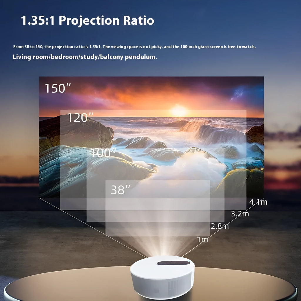 White HD home projector with remote control on table for bedroom cinema setup