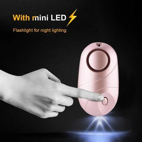High decibel personal alarm pager keyring with 130dB siren, LED flashlight, and lanyard activation in black.