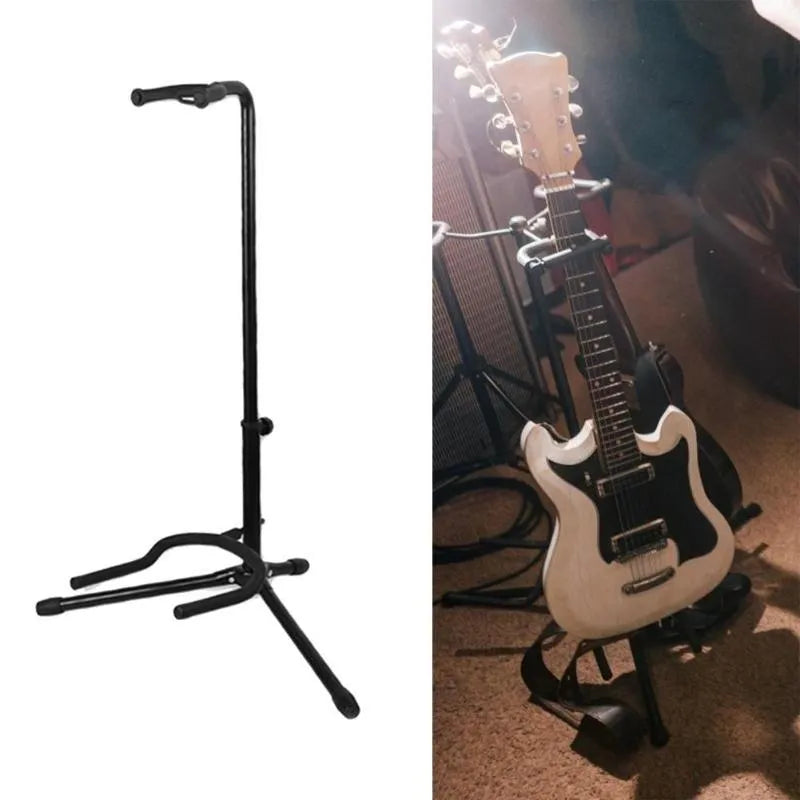 Black foldable metal guitar stand with rubber protective pads, holding a guitar.