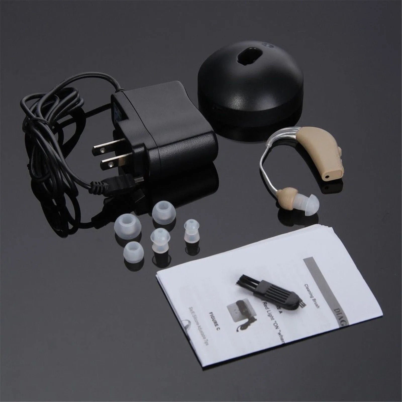 Compact white rechargeable behind-the-ear digital hearing amplifier device with plastic housing.