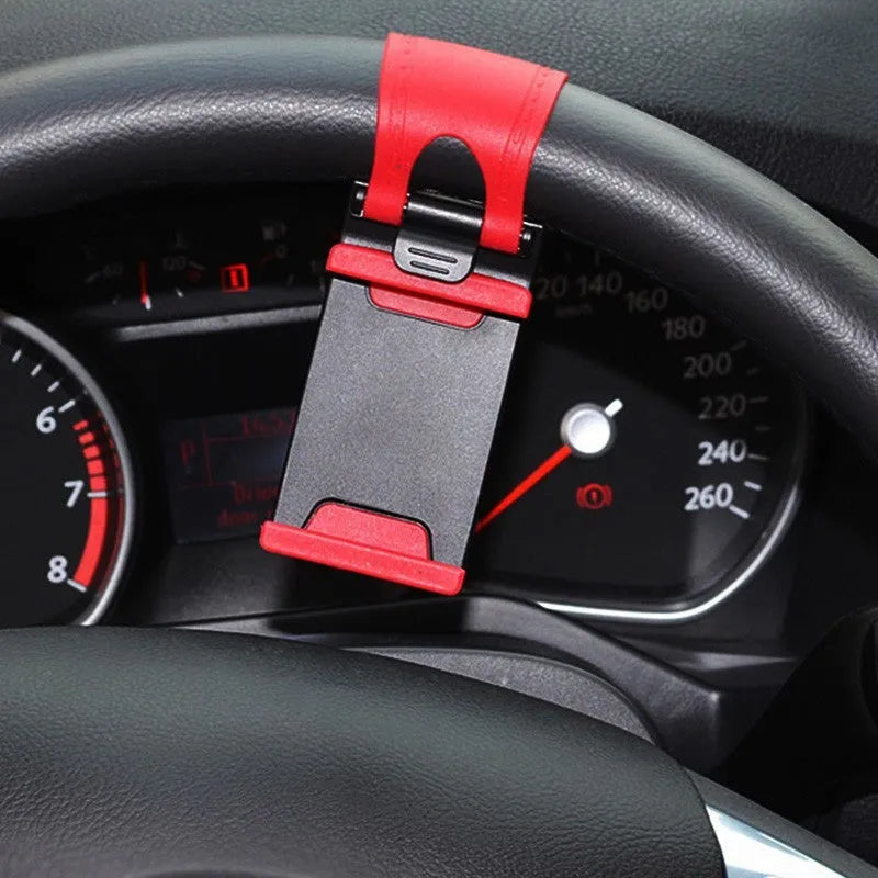 Black car steering wheel clip mount holder with universal phone cradle for multiple smartphone brands