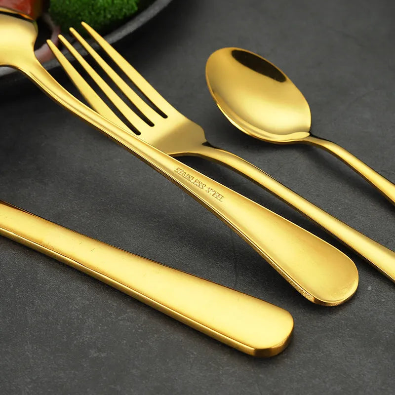 Stainless steel tableware 24 piece set showing table knives, forks, and spoons in multiple colour options