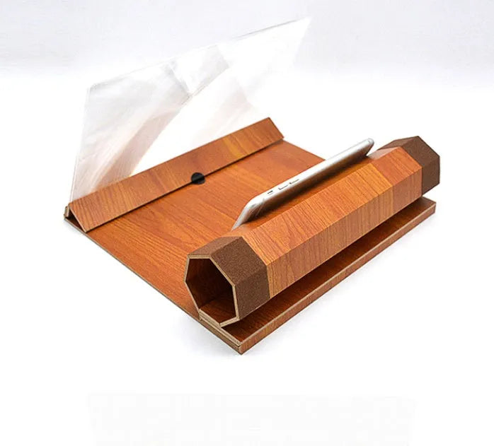 Wood grain mobile phone amplifier with clear acrylic top measuring 25.5cm wide