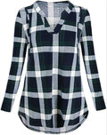 Women's maternity plaid t-shirt with long sleeves and V-neck, shown in black, dark blue, or red.