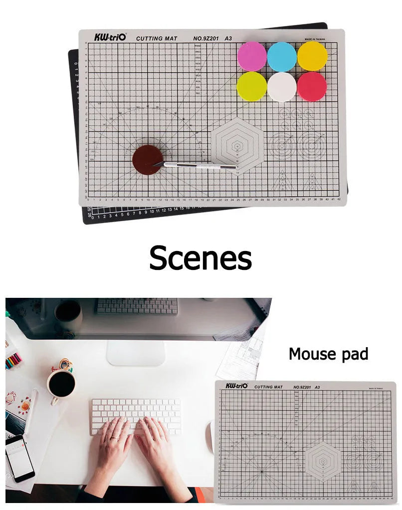 Green A3 self-healing cutting mat with centimetre grid lines on a desk.