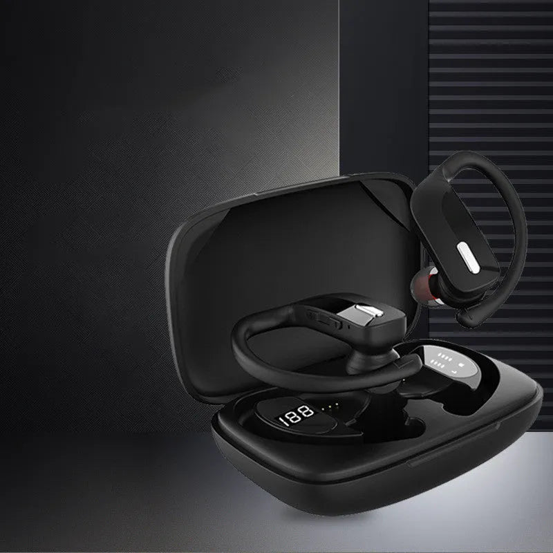 Black wireless Bluetooth headphones with LED digital display and hanging ear design