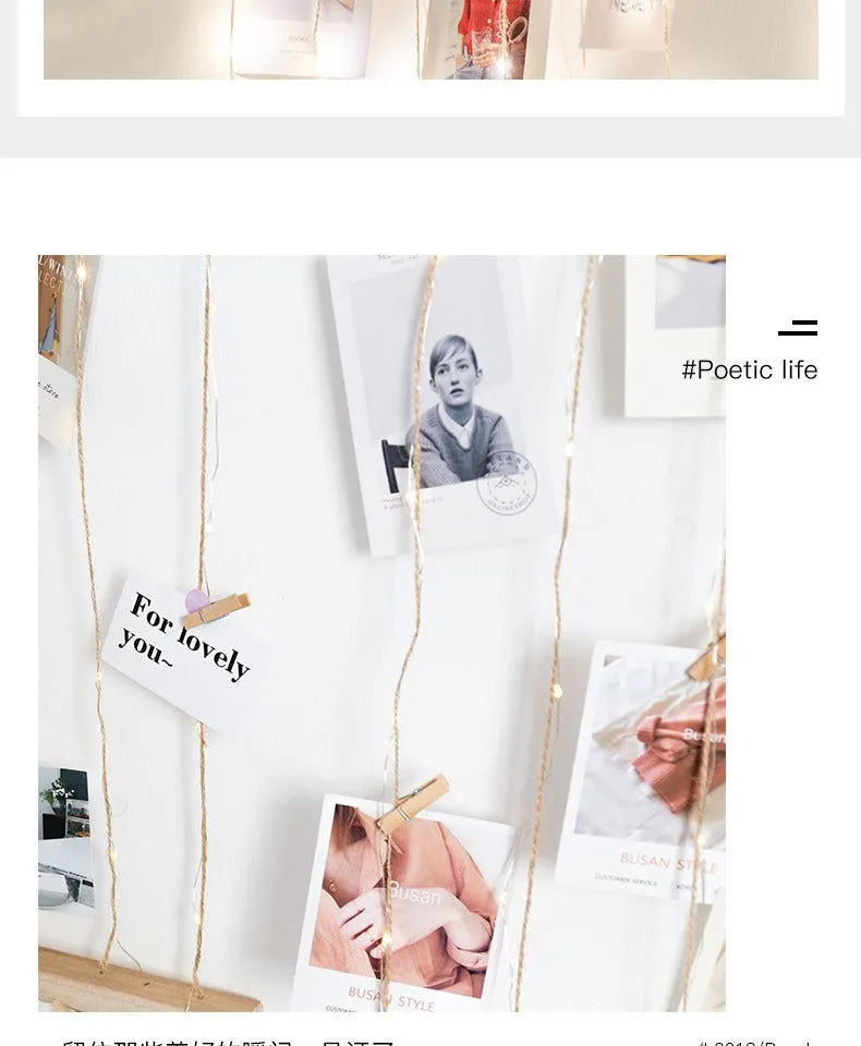 Wood and hemp rope wall hanging photo display pendant with wooden clips in three size options.