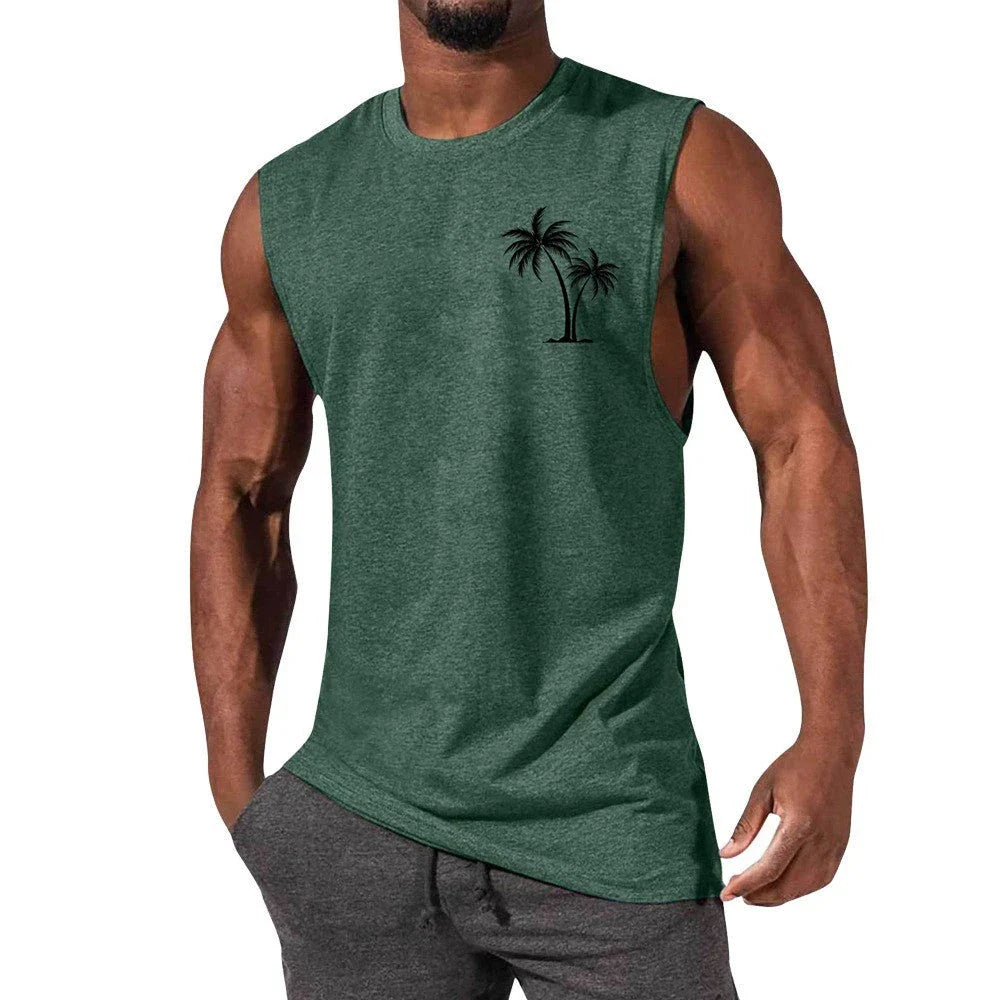 Stylish tropical tank top with coconut tree embroidery design, ideal for summer workouts and active lifestyles.