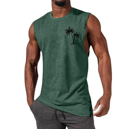 Stylish tropical tank top with coconut tree embroidery design, ideal for summer workouts and active lifestyles.