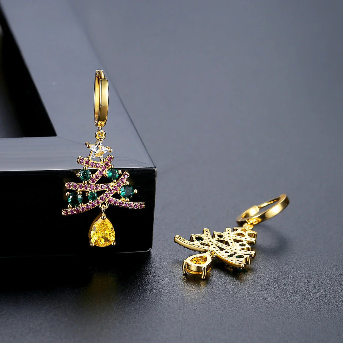 Sparkling Christmas tree earrings with colorful rhinestones, a fashionable and shining accessory for women