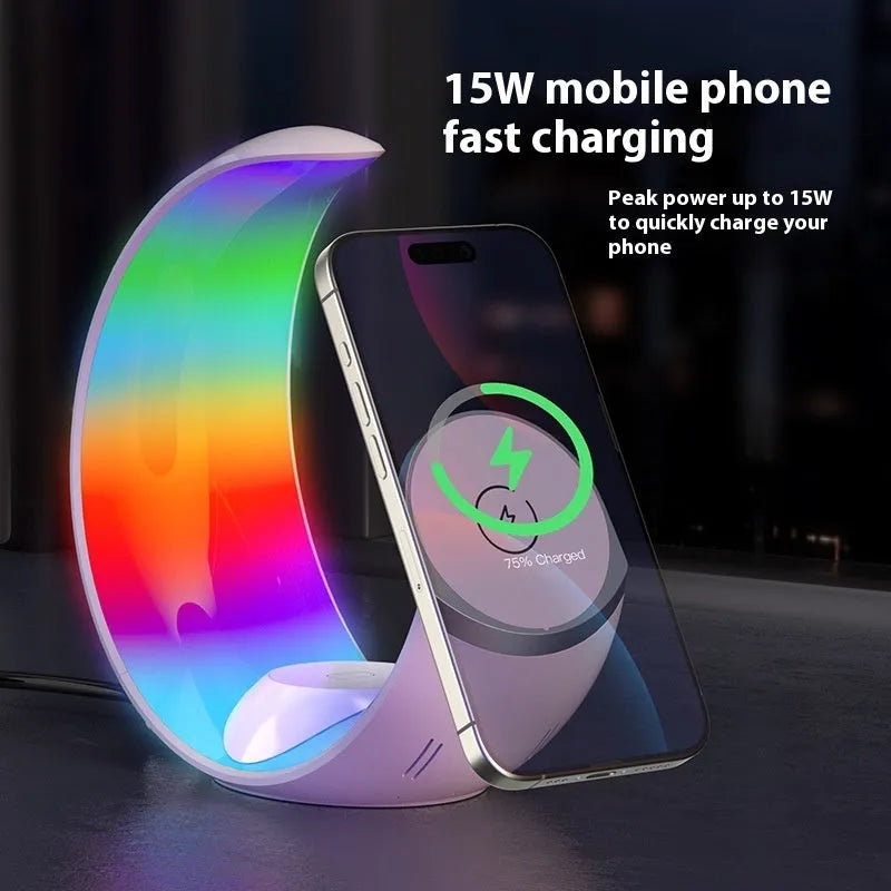White wireless ambience light and charger with USB-C port for phones, watches and headsets