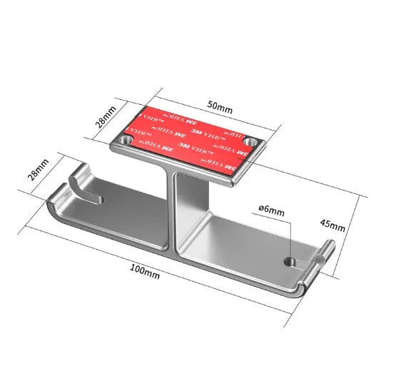 Under desk dual headphone hanger in aluminium alloy, 10 x 2.8 x 4.5cm, black or silver, holding two headphones.