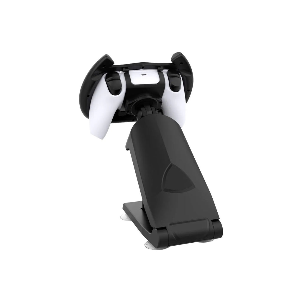 Black ABS plastic gamepad steering wheel bracket with suction cup, holding a mobile phone for gaming.