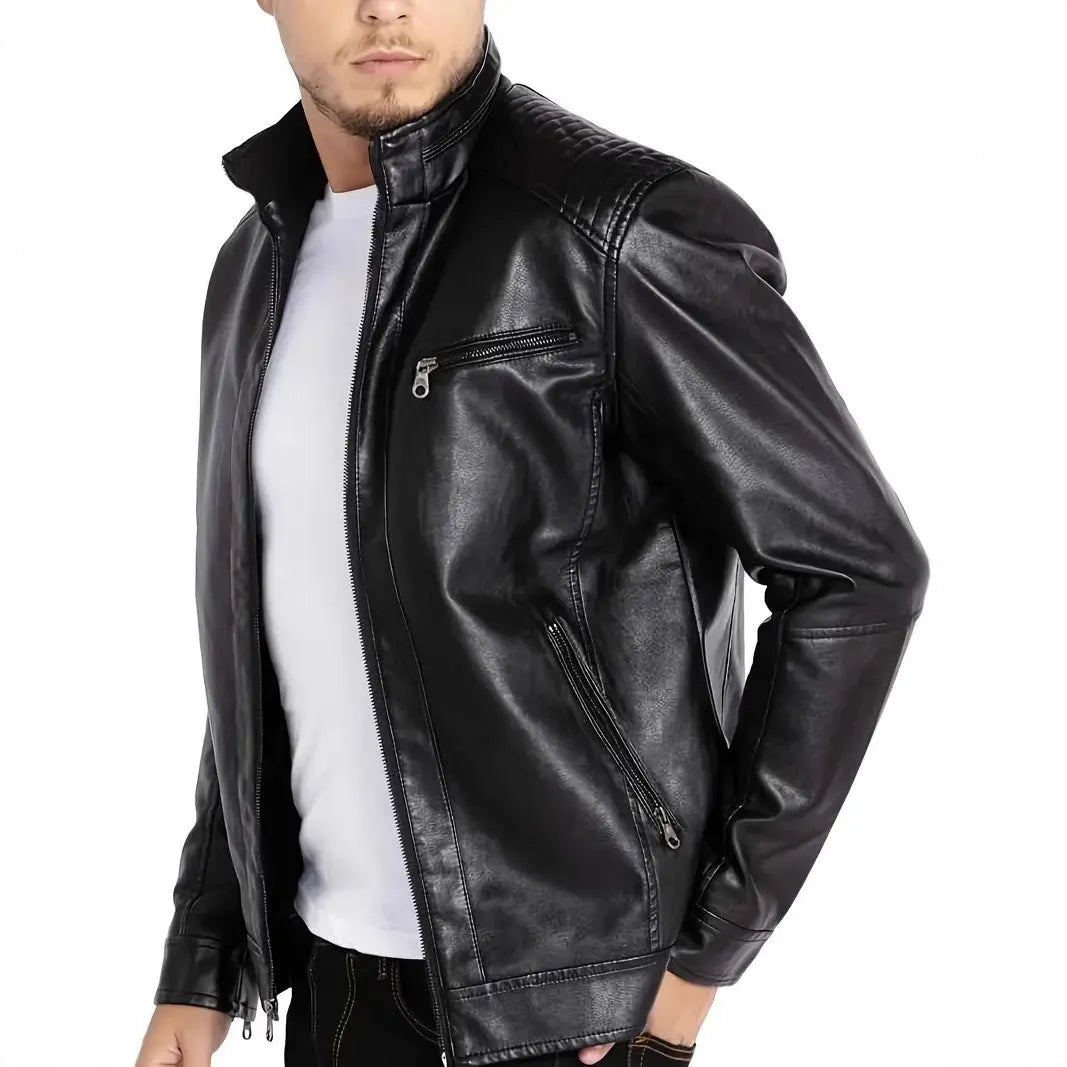 Men's brown artificial leather punk motorcycle jacket with a stand collar and patch pockets.