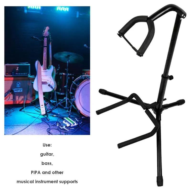 Black foldable metal guitar stand with rubber protective pads, holding a guitar.