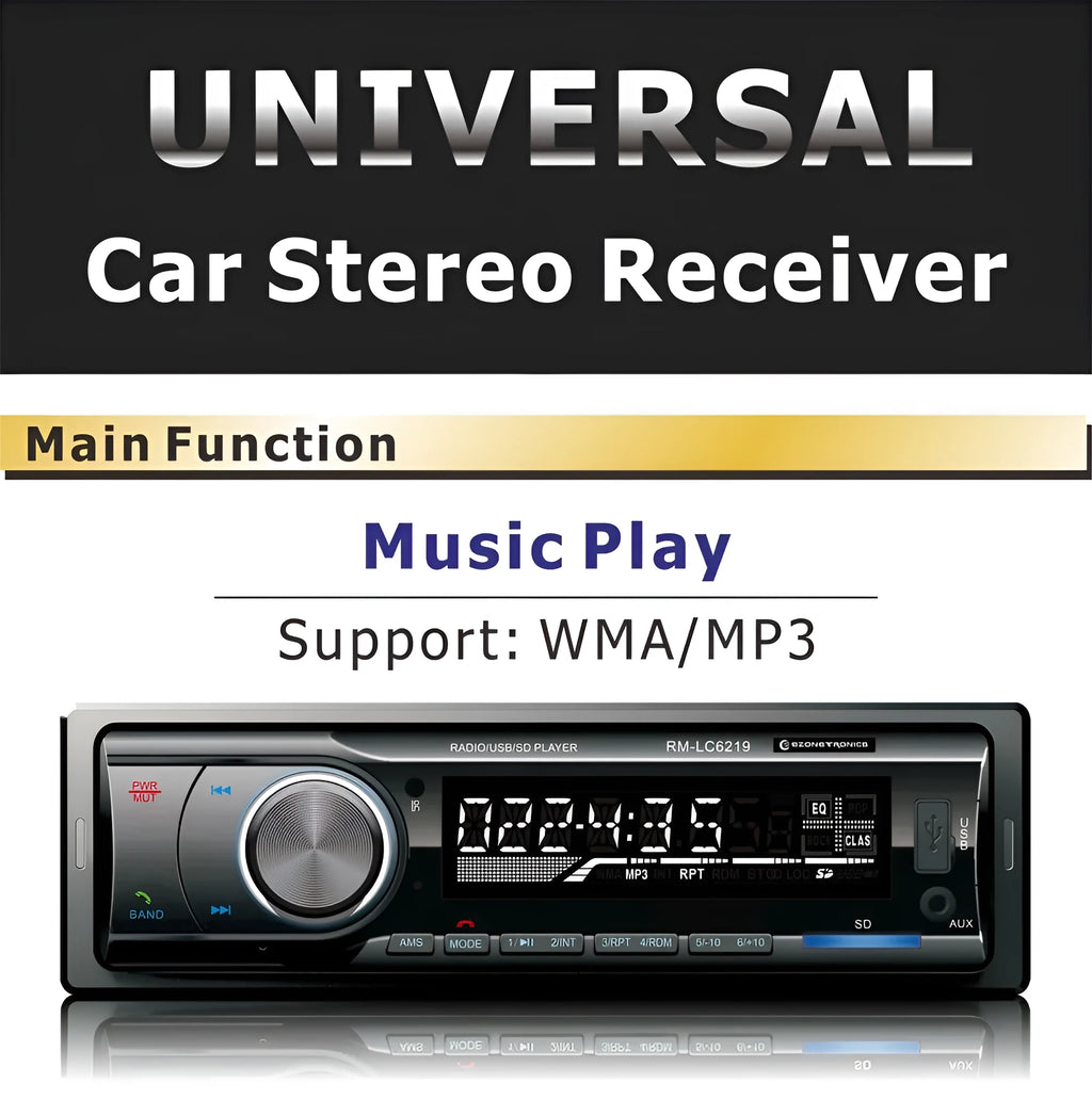 Car Bluetooth stereo receiver with front panel showing USB, SD card slots, and auxiliary input port