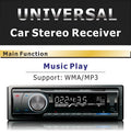 Car Bluetooth stereo receiver with front panel showing USB, SD card slots, and auxiliary input port