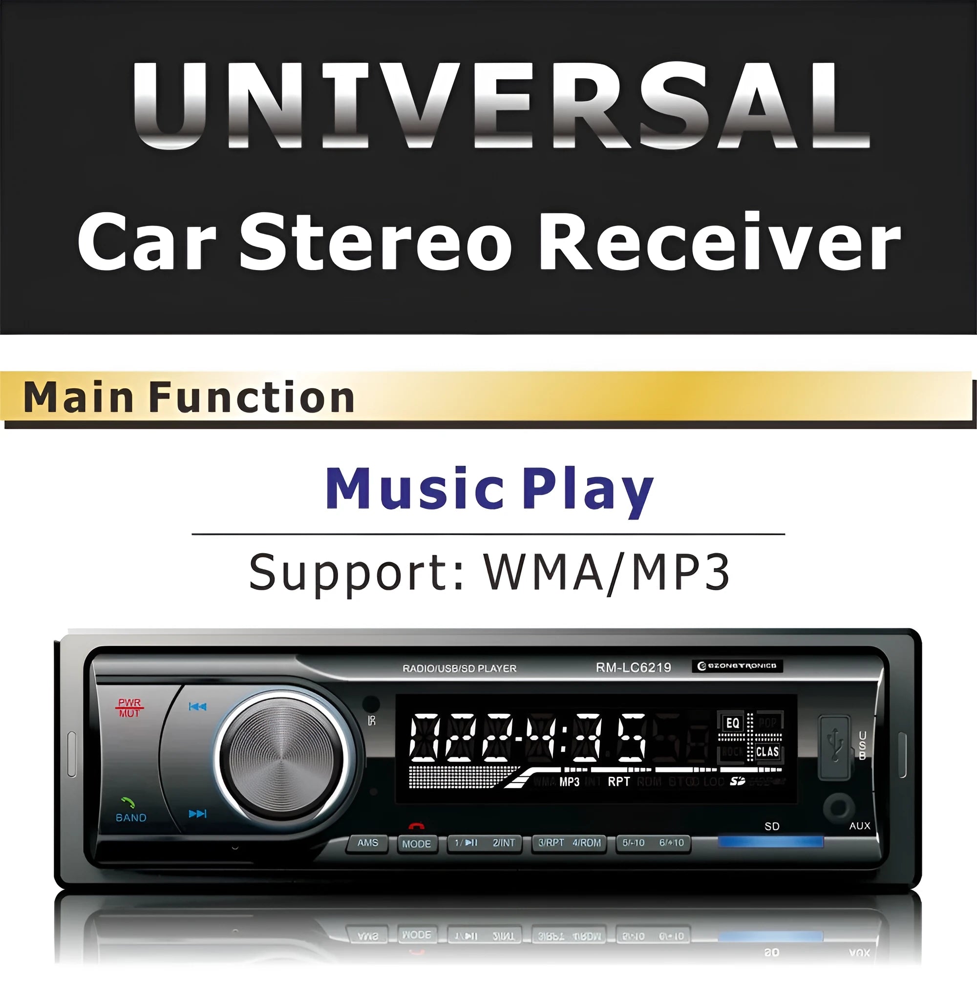 Car Bluetooth stereo receiver with front panel showing USB, SD card slots, and auxiliary input port