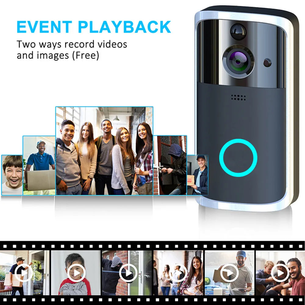 WiFi video doorbell camera in black with two-way intercom and night vision, compact PCB body 7.5x3.3x14.4cm