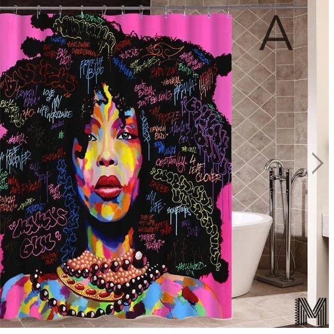 Vibrant Afro-urban printed shower curtain with modern building and African girl design