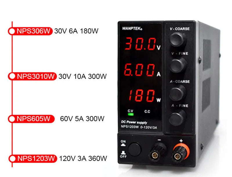 White adjustable DC laboratory power supply with digital display, model S605W, UK plug.