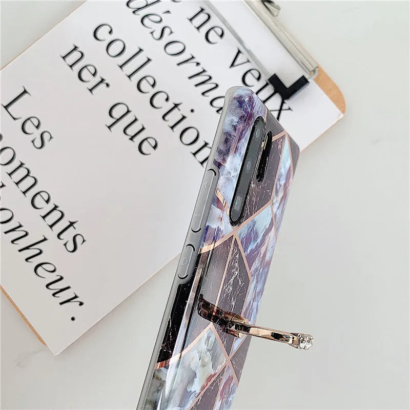 Electroplating mosaic marble ring phone case with grid pattern in TPU for Huawei smartphone