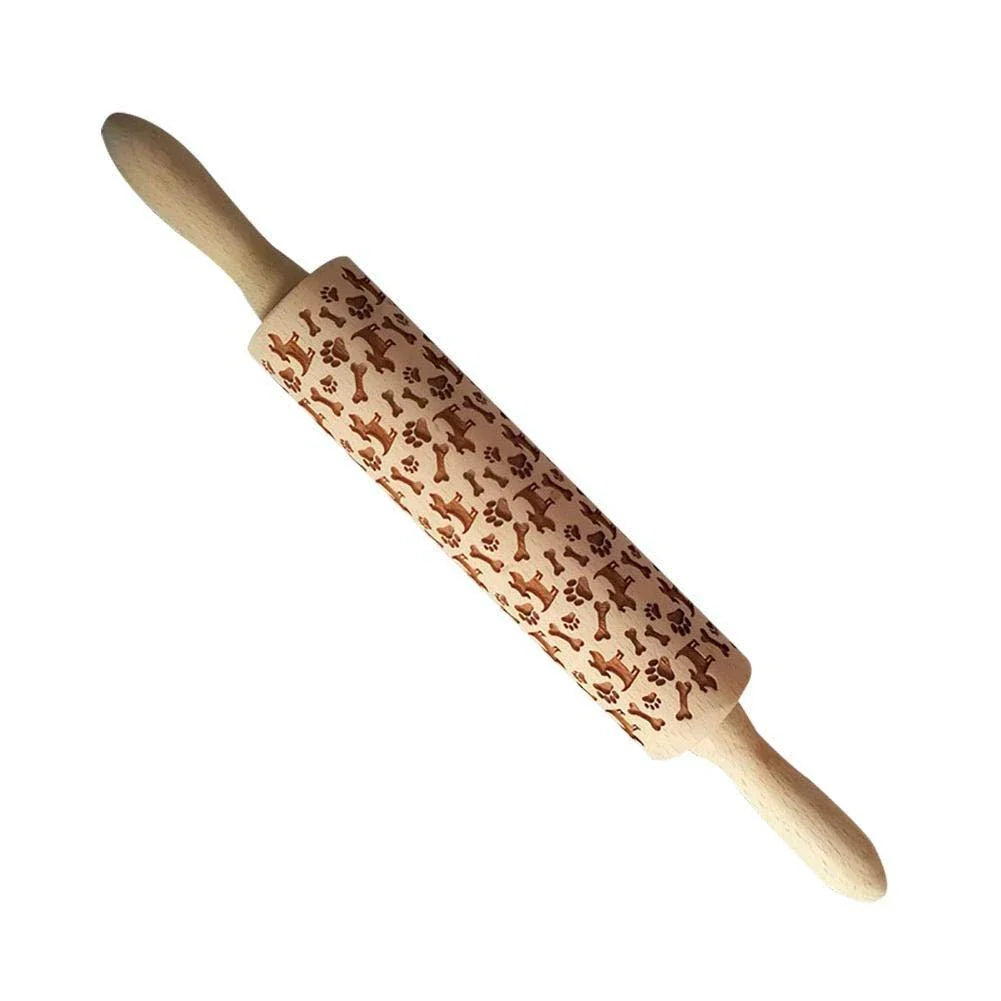 Personalized Christmas rolling pin with a variety of embossed holiday designs, including snowflakes, reindeer, and Merry Christmas patterns