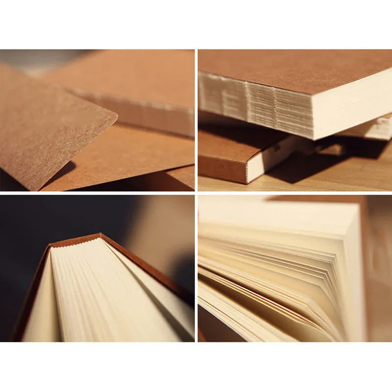 Brown kraft paper sketchbook open to show lay-flat wireless binding and drawing on inner pages.